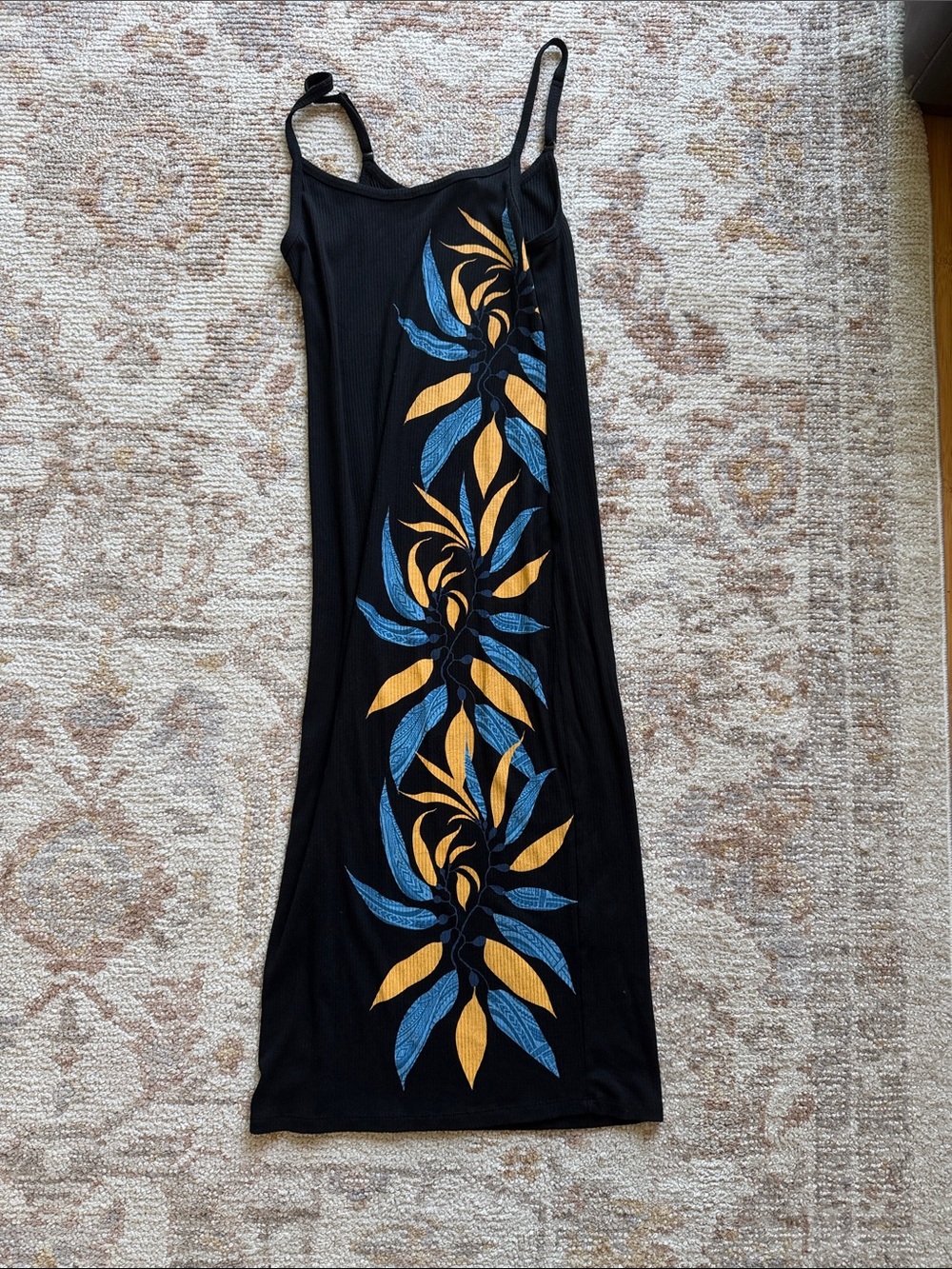 Tanoa Black Women's Swim Cover-Up Maxi Dress with Blue and Gold Leaf Print